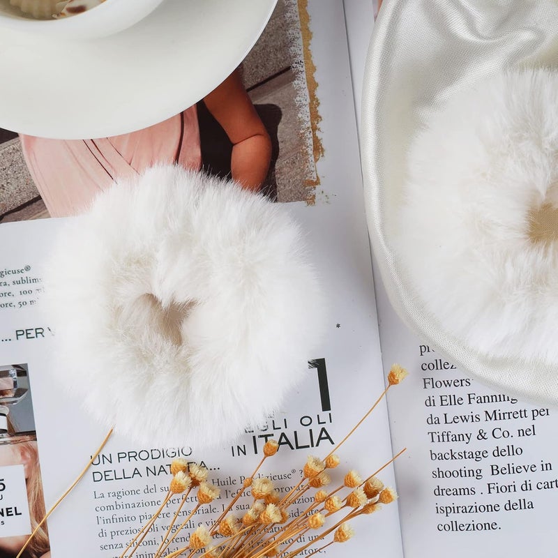 Mljsh 2 PCS White Faux Rabbit Fur Fuzzy Scrunchies - Fluffy Elastic Hair Bobbles, Ponytail Holders, and Hair Accessories for Girls & Women - Image 3